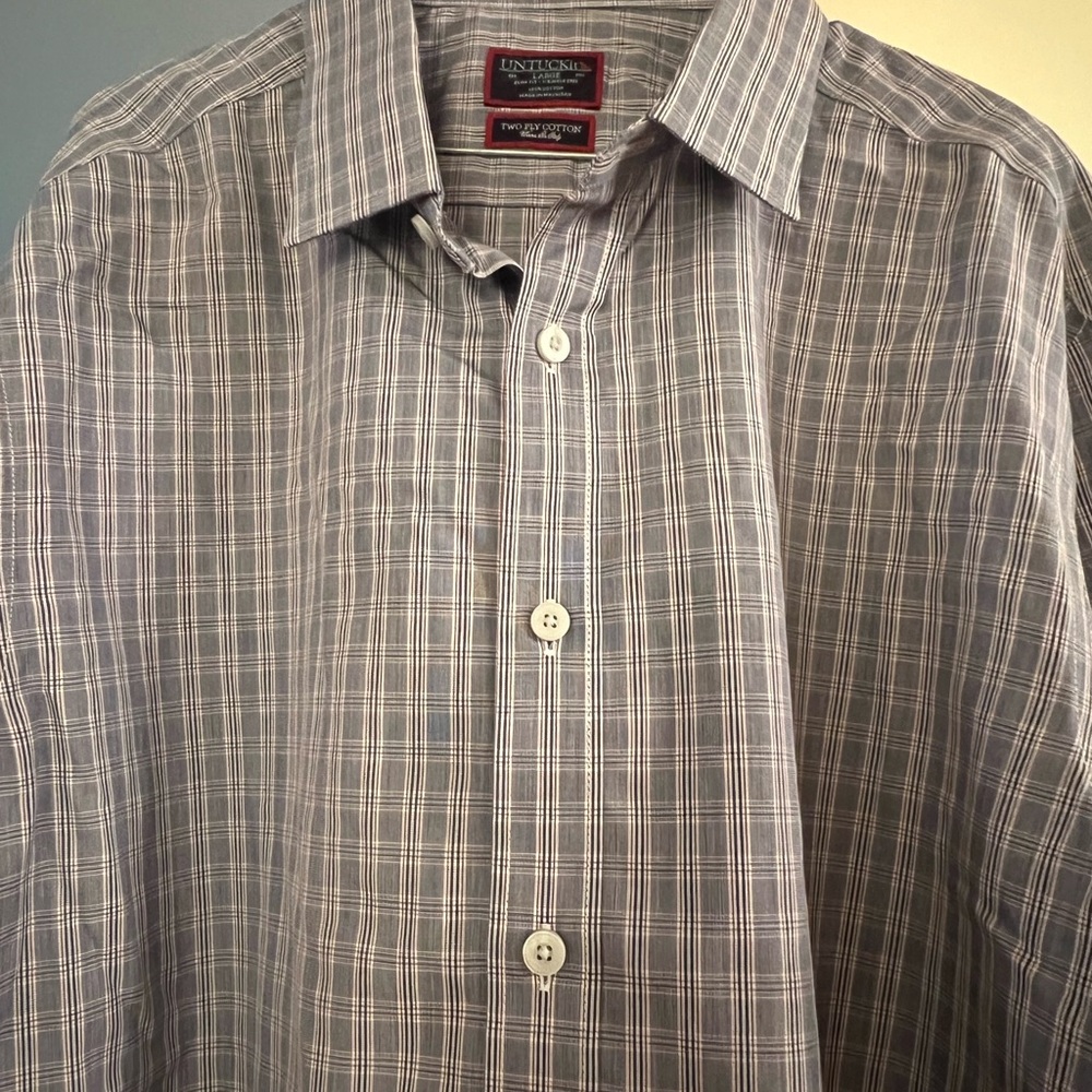 Untuckit Men’s Shirt L Blue Red Plaid Check Two Ply Cotton
